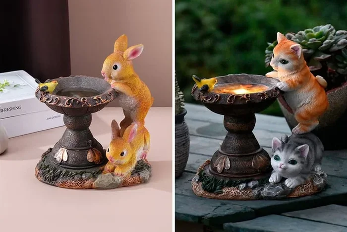 Charming Solar Outdoor Animal Bird Bath – Rabbit or Cat Delight