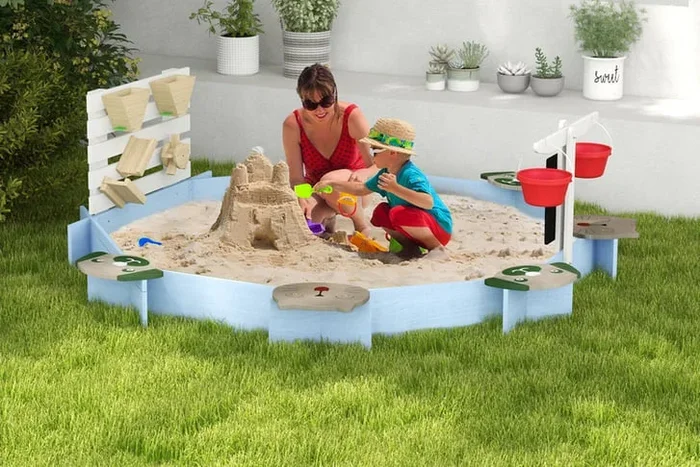 Charming Wooden Kids’ Blue Sandbox with Six Joyful Seats