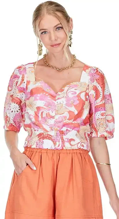 Cinch Waist Crop Top Floral Ribbon