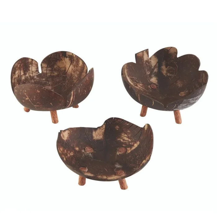 Coconut Bowls in Set of 3 Decorative Boho Rustic Footed Bowls