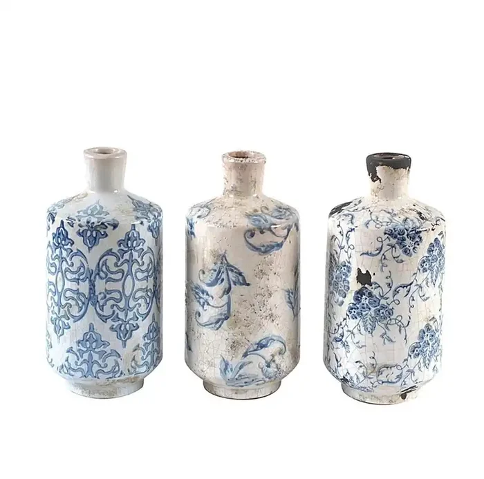 Creative Co-Op Terracotta Vase with Blue & White Pattern