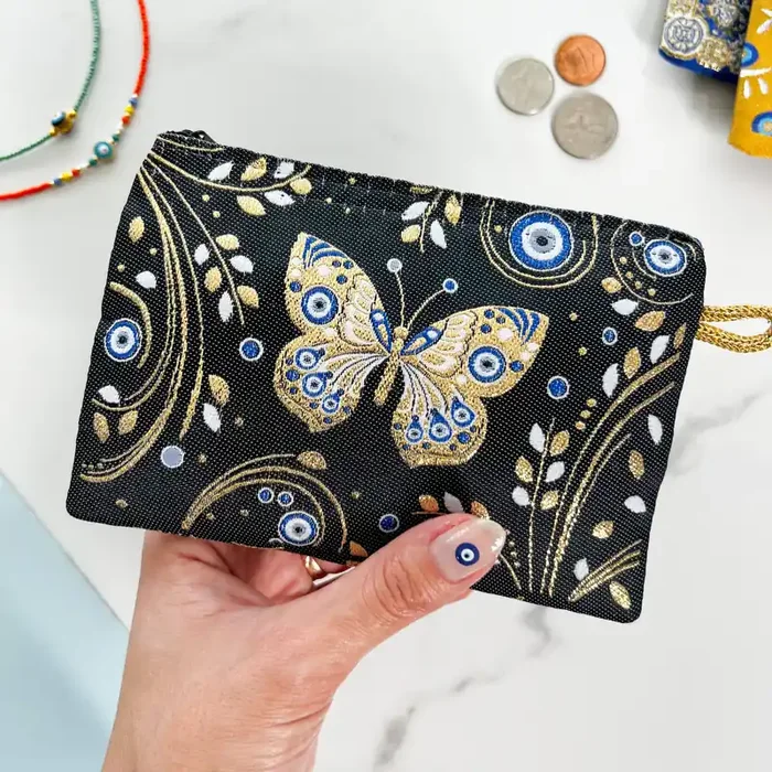 Cute Butterfly Evil Eye Coin Purse Zipper Credit Card Pouch in Black Handmade in Turkey 4″ x 5″