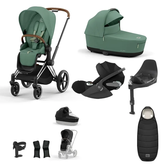 Cybex Priam Travel System Bundle | Leaf Green on Chrome (Brown Handle)