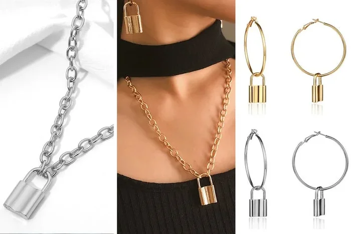 Dazzling Women’s Padlock Necklace & Earrings Set – Choose Gold or Silver