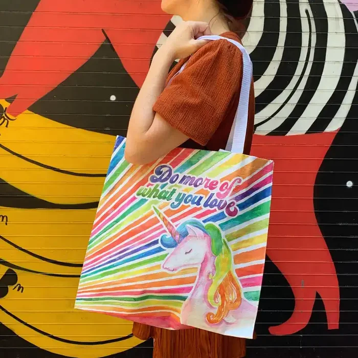 Do More Of What You Love Large Market Tote Bag in ‘70s-‘80s Unicorn Rainbow Design 15.50″ x 15.25″ x 6″