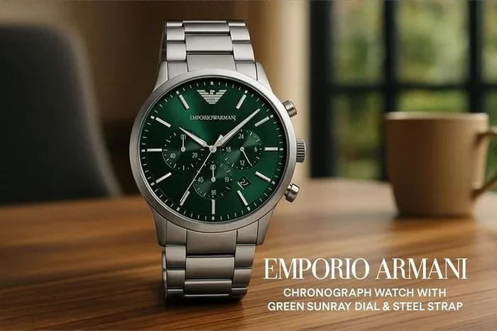 Emporio Armani Quartz Chronograph Stainless Steel Watch – 43mm Green Dial, Water-Resistant, Luxury Men’s Timepiece