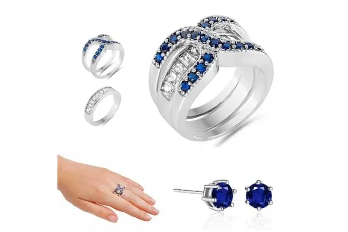 Enchanting Blue Double Ring & Earrings Set