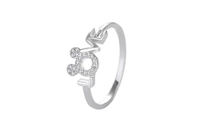Enchanting Silver Tone Crystal Mickey LOVE Ring