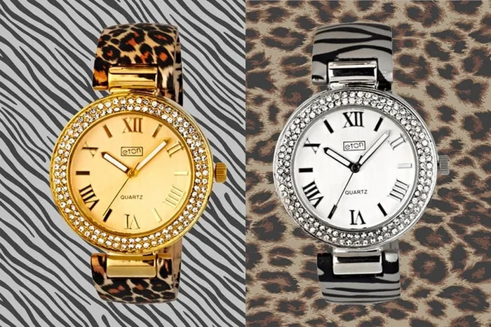 Eton Glamorous Rhinestone Animal Print Ladies Watch – Choose Leopard or Zebra!