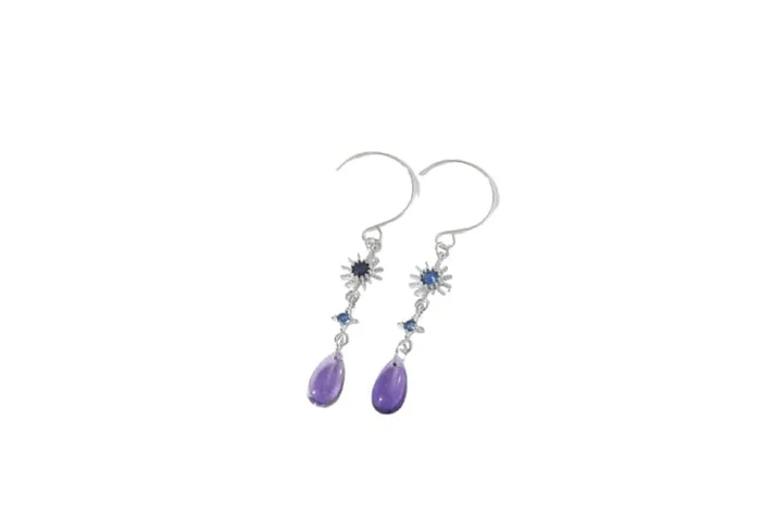 Exquisite Blue Sun Crystal & Purple Water Drop Earrings