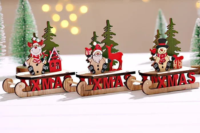 Festive Pack of 3 Christmas Wooden Sled Ornaments