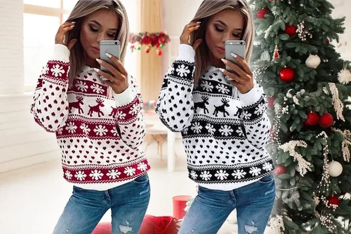 Festive Reindeer Print Christmas Jumper – 4 Sizes & 2 Cheerful Colours