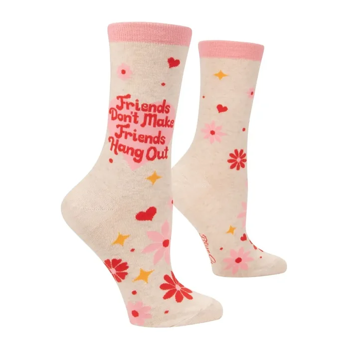 Friends Don‘t Make Friends Hang Out Women‘s Crew Socks Pink Flowers Hearts Print BlueQ at GetBullish