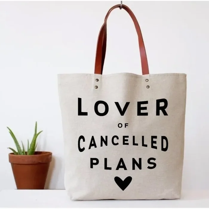 Fun Club Lover of Cancelled Plans Canvas Tote Bag Vegan Leather Handles