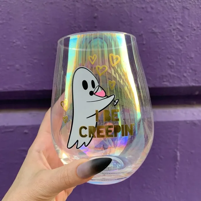 Ghost “I Be Creepin” Jumbo Stemless Wine Glass in Iridescent 30 Oz. Holds an Entire Bottle of Wine