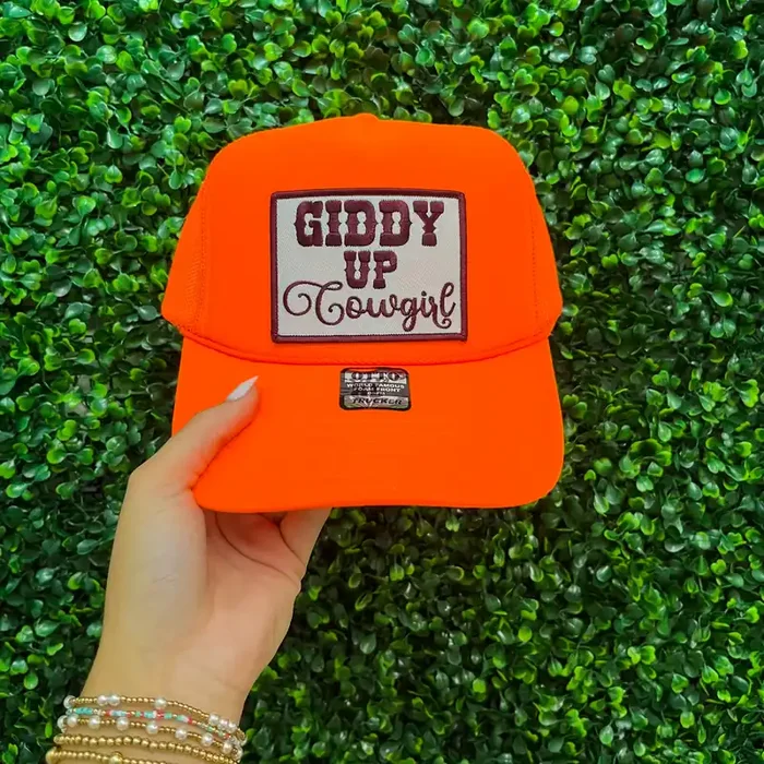 Giddy Up Cowgirl Puff Trucker Hat • Neon Orange