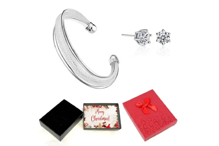 Glamorous Silver Bangle & Earring Set – Holiday Elegance Gift Box