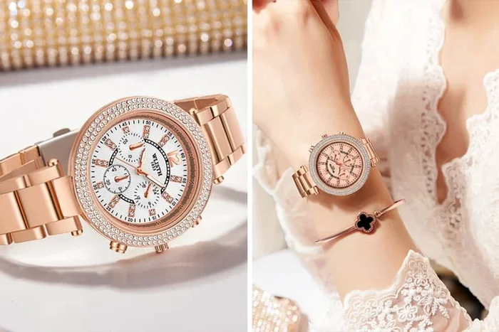 Glamorous Women’s Quartz Rhinestone Wrist Watch – Rose & White Elegance