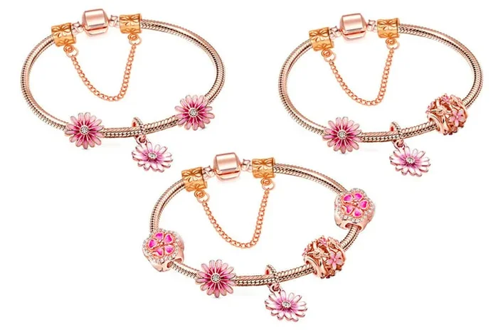 Gleaming Rose Gold Daisy Charm Bracelet – Choose 3 or 5 Beads