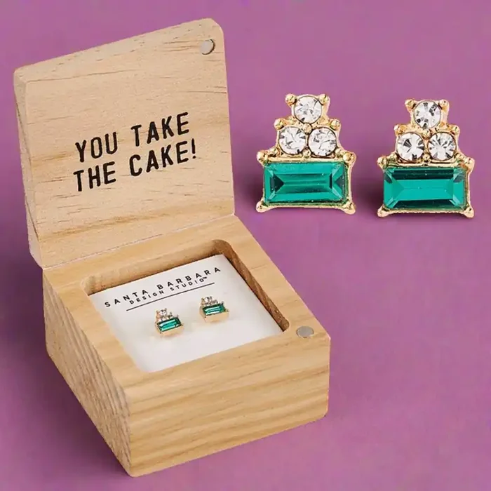 Happy Birthday Treasure Box Earrings Cake-shaped Earrings in Wooden Gift Box