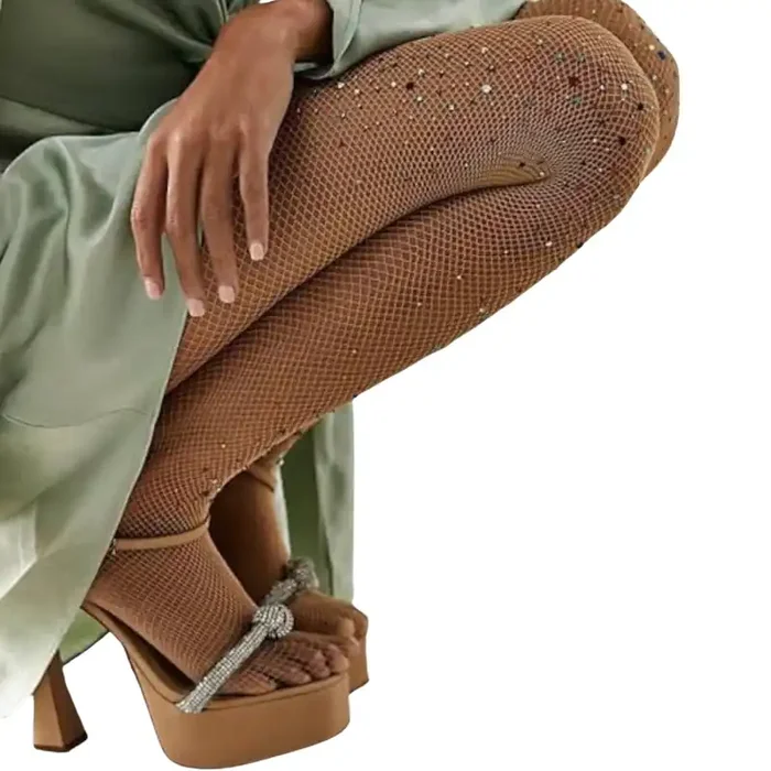 High Heel Jungle Glitter Fishnet Tights in Nude [One Size]