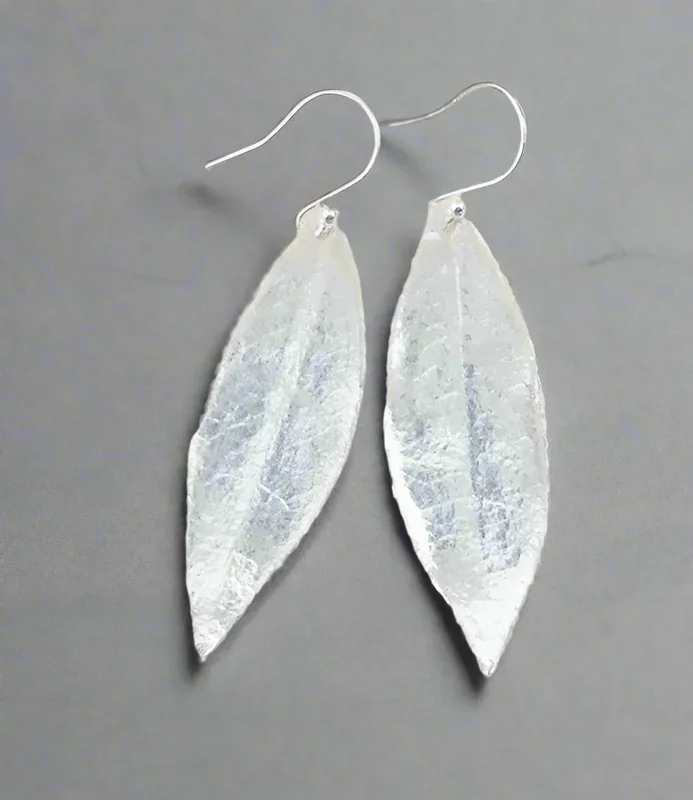Jane Vernon Fine silver pieris leaf earrings approx. 44mm long on sterling silver earwires. JV D12