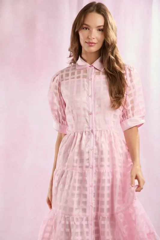 Kaithleen Plaid Organza Ric-Rac Trim Detail Midi Dress • Pink