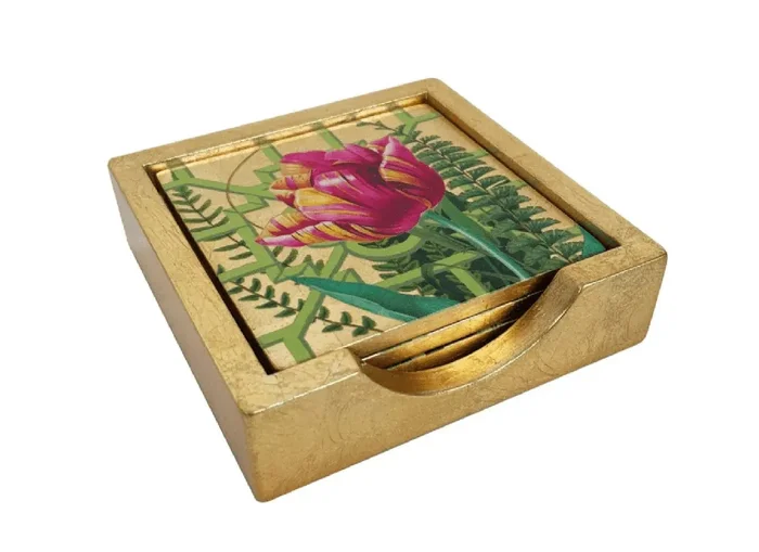 La Dolce Vita Gold Lacquer Coasters – Set Of 4 Coasters In Holder – Caspari