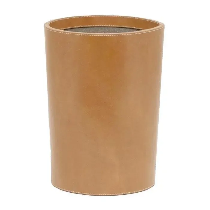 Leon Caramel Leather Round Waste Basket, Straight