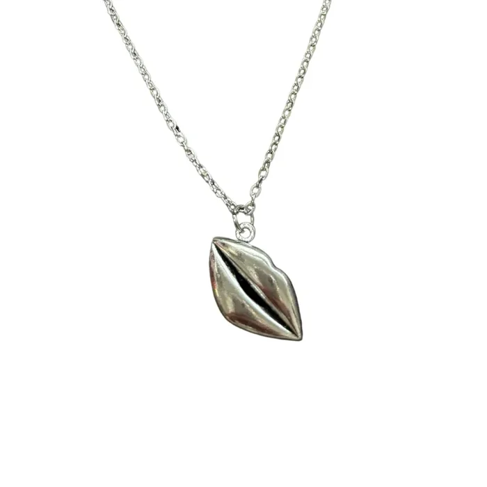 Lips Pendant Necklace in Silver Kiss Print Charm on Chain