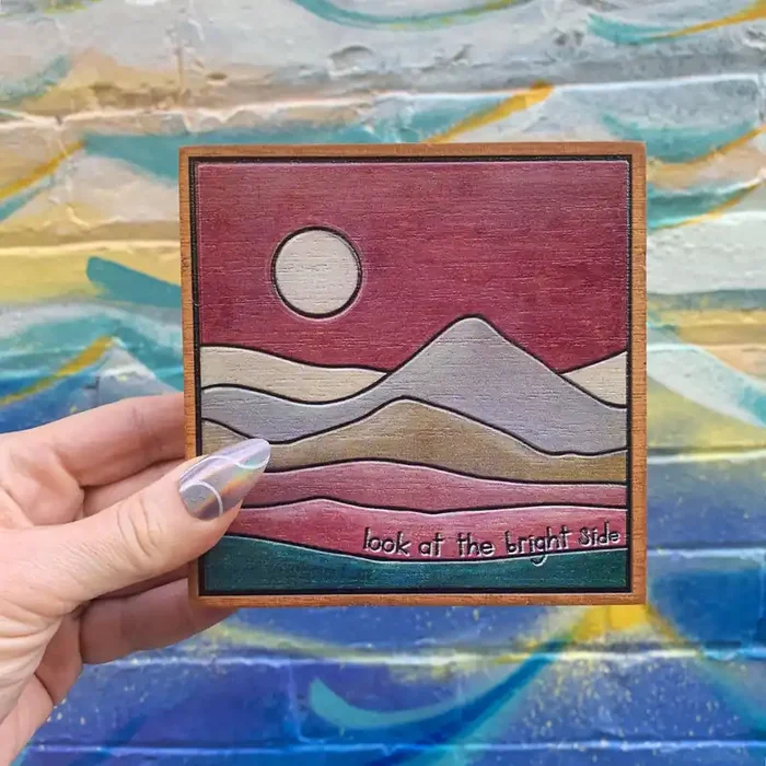 Look At The Bright Side Wooden Block Sign Woodburned Desert Design Wall Desk Decor 4.50″ x 4.50″