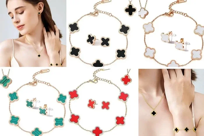 Lucky Clover Charm Necklace, Bracelet & Earring Set – Choice of 4 Colors