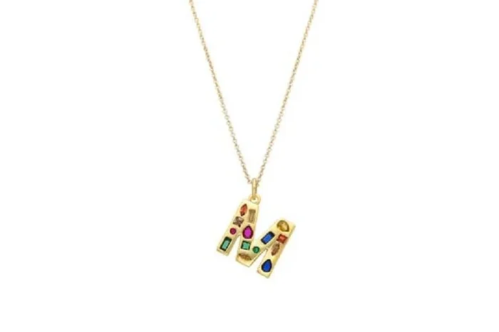 Luxenter 18k Gold Alphabet M Pendant Necklace with Multicoloured Zirconia – Adjustable Chain, Statement Jewellery