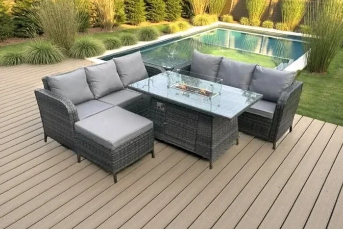 Luxurious PE Rattan Furniture Set with Cozy Sofa & Elegant Firepit
