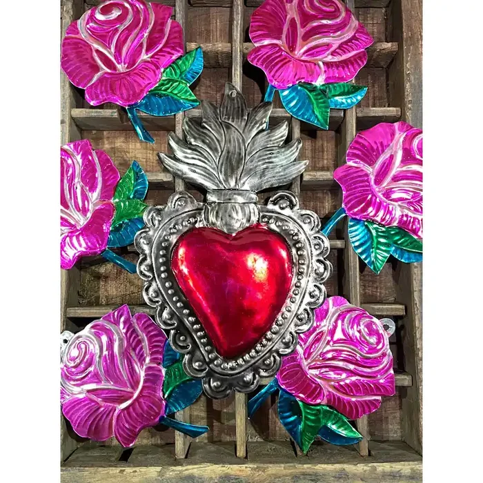 Medium Tin Flaming Heart Napoli Handmade in Mexico 4.75″