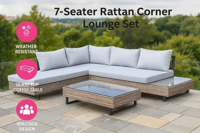 Modern 7-Seater Weather-Resistant Rattan Corner Lounge Set with Adjustable Sun Lounger