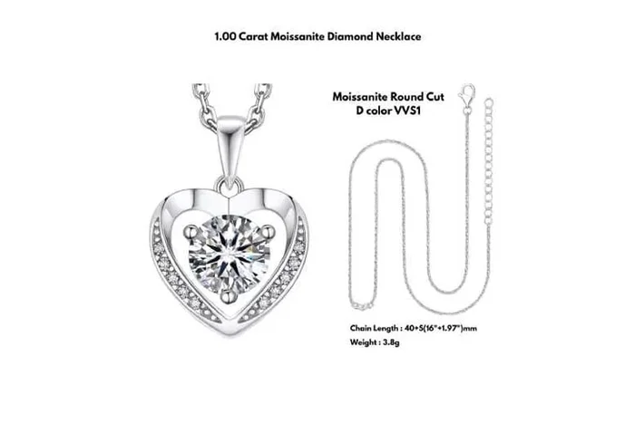 Moissanite Heart Pendant Necklace – 1 Carat Round Brilliant, 925 Sterling Silver, Luxury Gift for Her