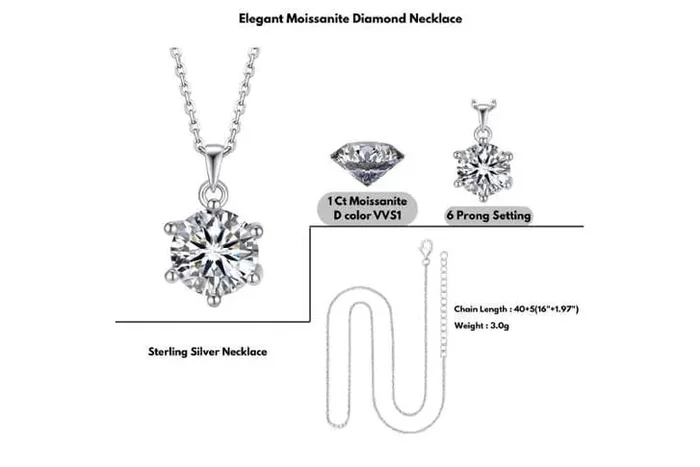 Moissanite Round Cut Diamond Pendant Necklace in 925 Sterling Silver – 1-2ct Solitaire, Five Elegant Styles