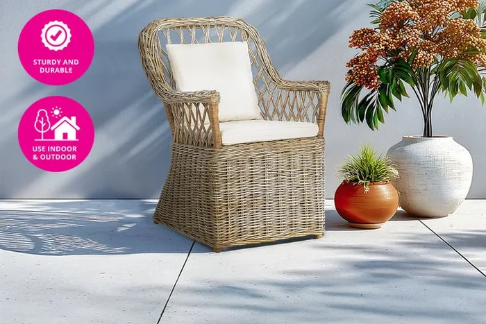 Natural Rattan Boho Garden Armchair – Cushioned, Indoor/Outdoor