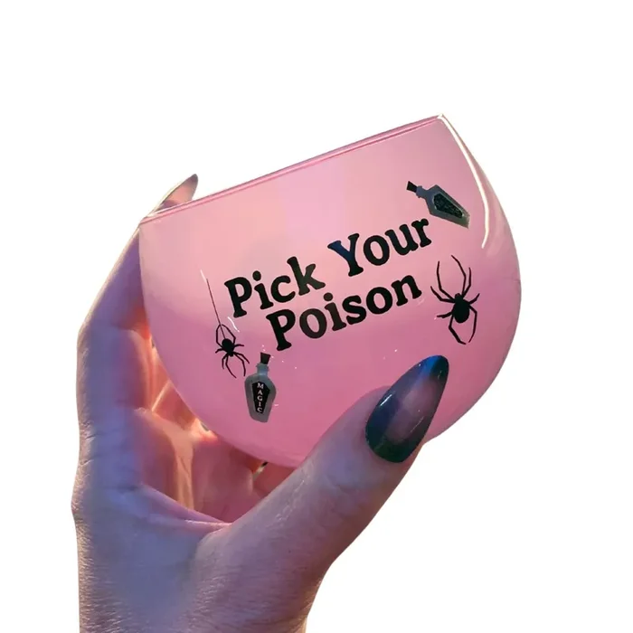 Pick Your Poison Roly Poly Tinted Glass in Pink 13 oz. Spooky Goth or Halloween Themed Cup