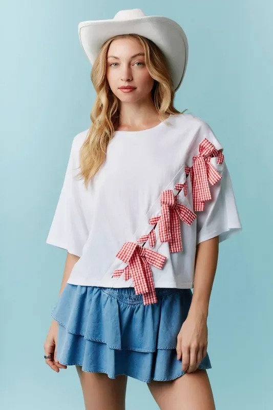 Picnic Ready Ribbon Lace-Up Top • Off White + Red