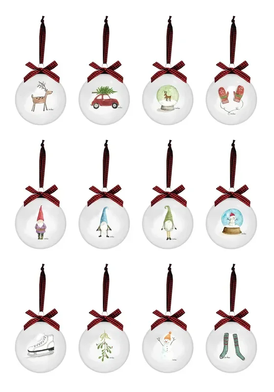Rae Dunn Set 12 Illustrated White Christmas Balls Ornaments