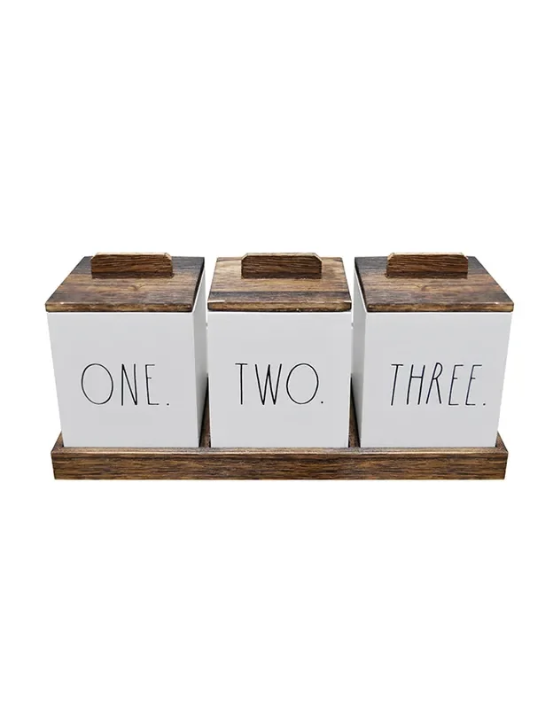 Rae Dunn Set of 3 Wooden Kitchen Canisters with Wooden Tray