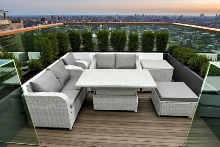 Rattan 6-Piece Outdoor Dining Set with Adjustable Table