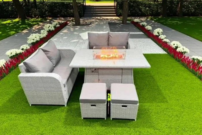 Rattan 6-Seater Firepit Dining Set with Loveseat Sofas
