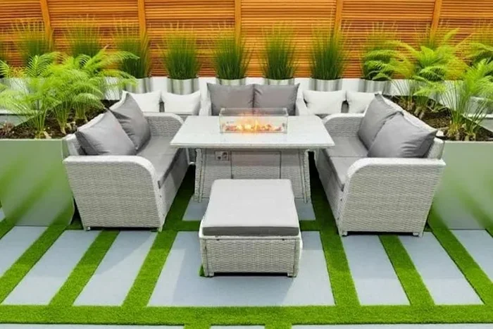 Rattan 7-Seater Outdoor Dining Set with Firepit Table – Weather-Resistant PE Wicker