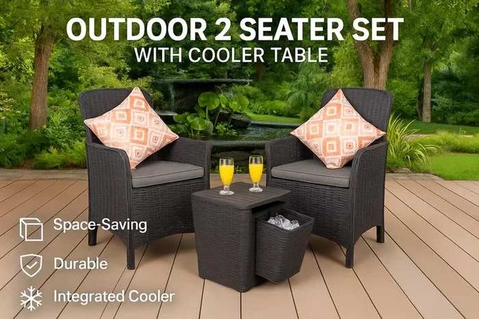 Royalcraft Rattan 2-Seater Bistro Set – Weather-Resistant Outdoor Furniture with Cooler Table