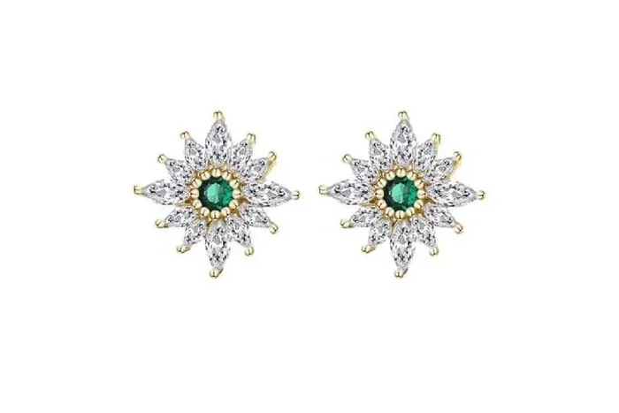 S925 Sterling Silver Emerald Flower Earrings with Yellow Gold Plating