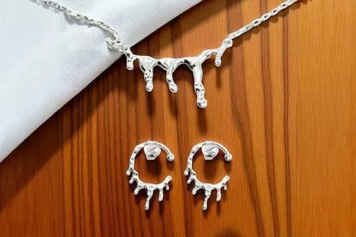 S925 Sterling Silver Molten Necklace & Earrings Jewellery Set – Contemporary 2-Piece Gift for Women
