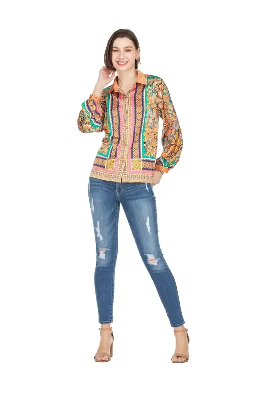 Sallyann Button Blouse • Scarf Print